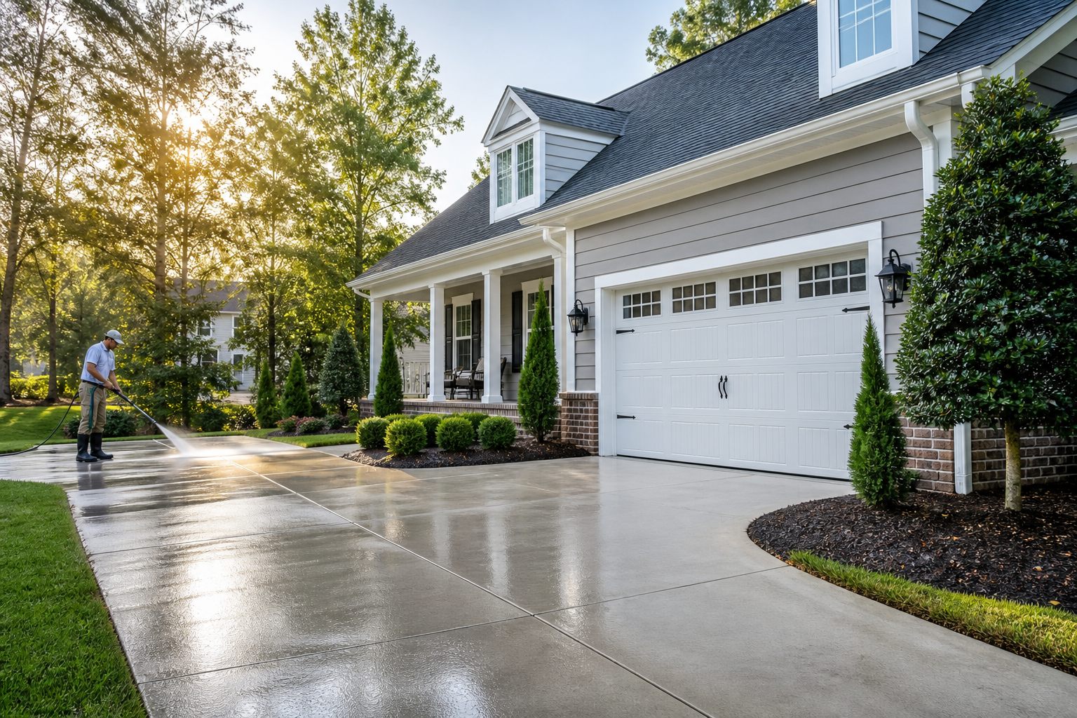 Freshly cleaned home exterior and driveway after exterior washing